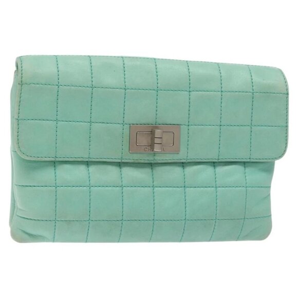 CHANEL Choco Bar Clutch Bag Lamb Skin Peppermint CC Auth BA3453 - Picture 1 of 16
